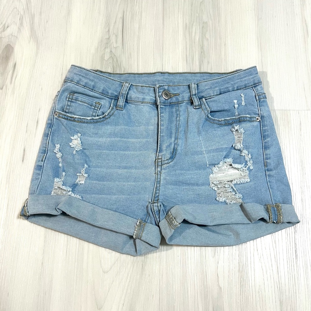 NWOT Blue Ripped Rolled Hem Light Wash Denim Jean Shorts